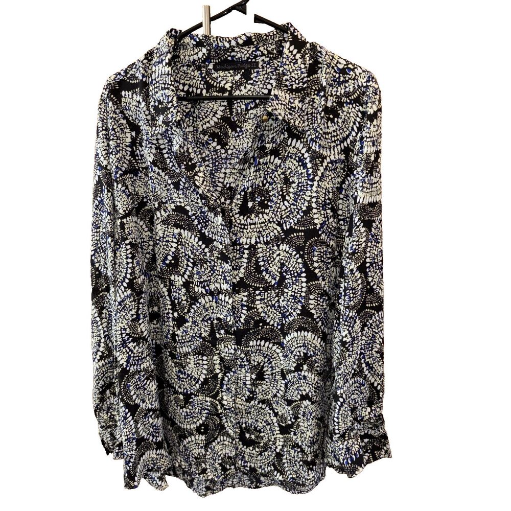Madison Paige II Blouse 2X Black Blue Print Long Sleeve Buttons Women Geometric